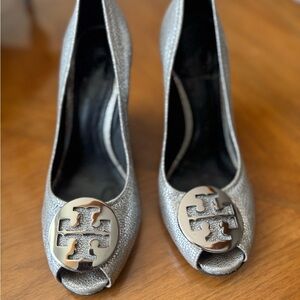 Tory Burch Silver High Heel Peep-Toe Pumps